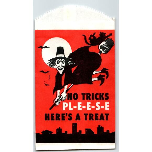 Trick Or Treat Halloween Candy Goodie Bag Flying Witch On Broom Moon Black Cat - Picture 1 of 2